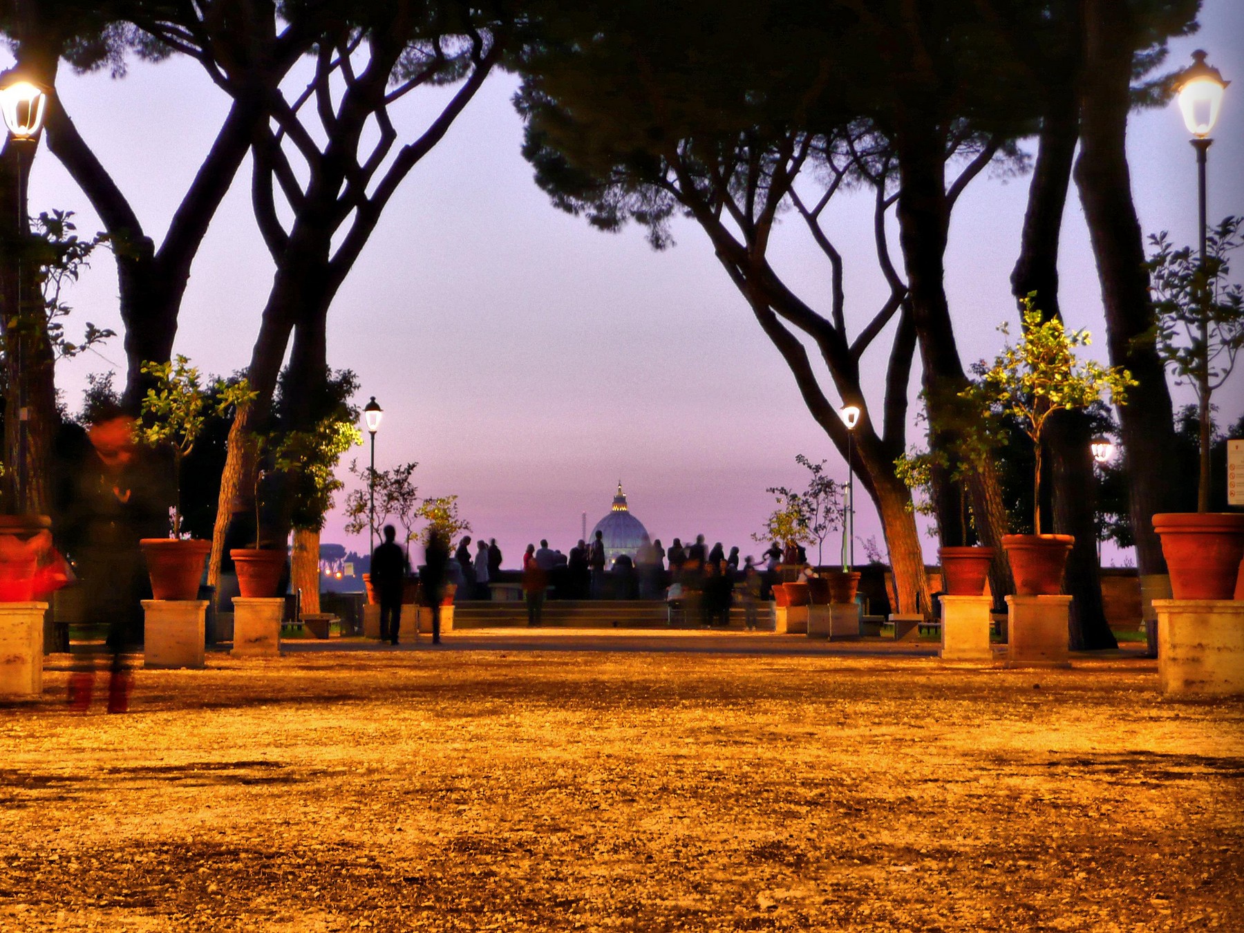 Vista del Giardino degli Aranci al crepuscolo con la cupola di San Pietro